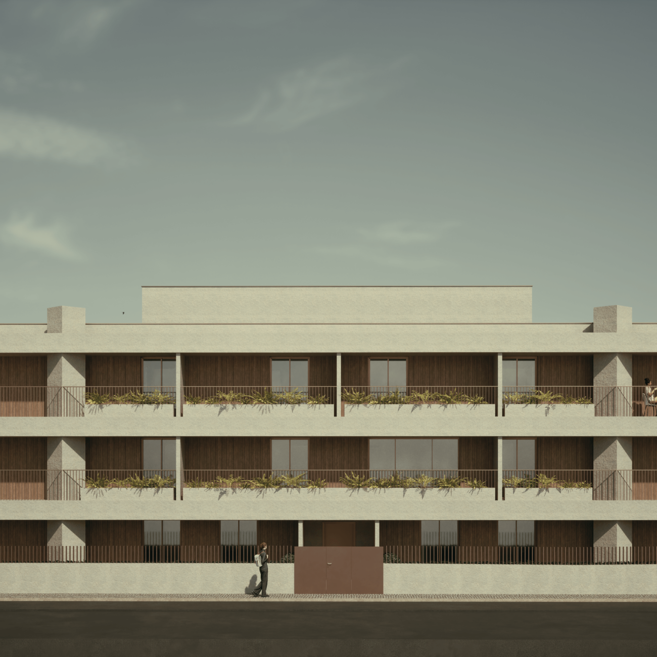 Render exterior do Condomínio Barro, projecto habitacional por Tiago R. Correia Arquitectos