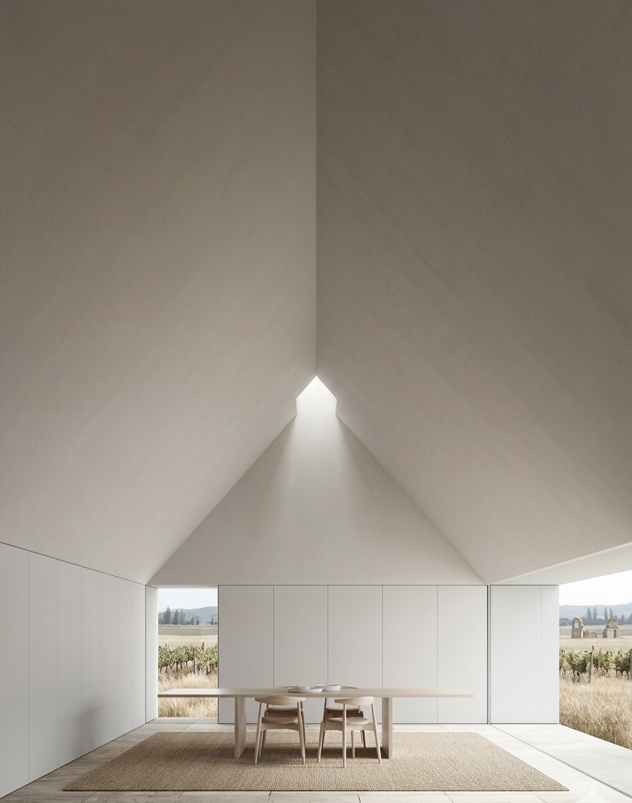 Interior de arquitectura minimalista com tecto inclinado em madeira - TIR e ROI na promoção imobiliária
